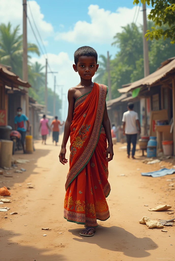 A Bangladeshi boy work in the road wearing saree