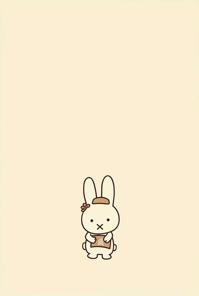 "I want a drawing of a bunny inspired by Miffy, Designed in a minimalist style with thick lines, Solid colors, and simple shapes. The bunny must be two-dimensional, with a flat appearance, without depth or shadows, and should have a simple facial expression with small eyes and an X-shaped mouth with a hat and a map in hand