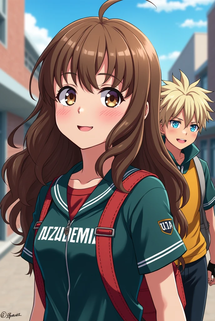 Create a teenage girl from the anime boku no hero academia with long brown curly hair ,white skin and light brown eyes next to bakugou katsuki