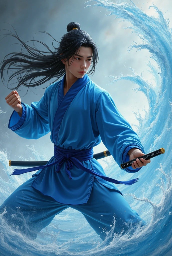 Generate a pic showing a young male with long black hair, dressed in blue wing chun uniform, and water swirling around him, while he's in a martial arts stance and a swird beside him