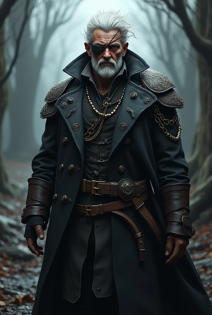 Realistic Rogue Male Man with White Hair, with an eye patch on one eye and wearing a dark fantasy style overcoat