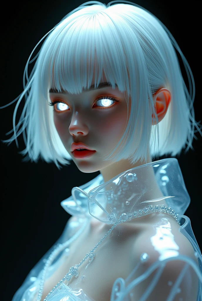Highest quality,The perfect masterpiece,Perfect artwork,Official Works,8K,, (Upper Body Portrait:1.3),((Seen from the side:1.5)),close-up lens,Delicate face,, ,White-haired girl,(hakuhatsu:1.5),short and medium hair,((White transparent eyes:1.5)),(white dress:1.2),(Transparent clothing:1.2),(Black background:1.3),, pearl illusion,Cyberpunk,fashion trend,3s material,high-definition,detail representation,c4d,3D,octane rendering,ray tracing,complex details,animated lighting,OCrenderer,