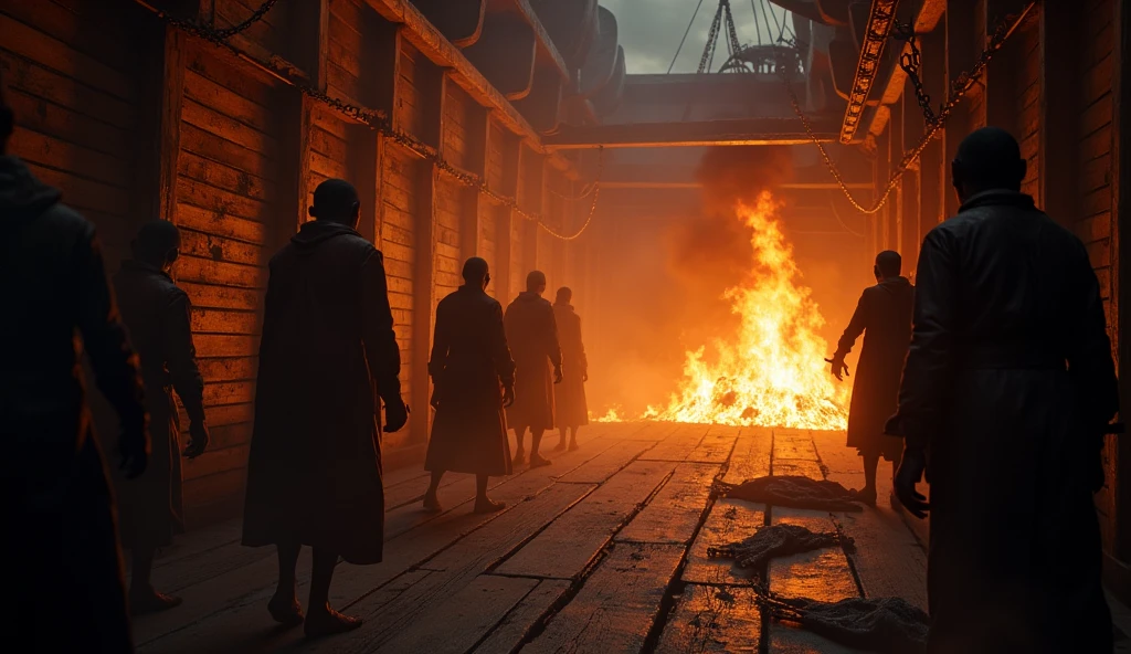 A dramatic scene inside the hold of a ship. The interior is filled with thick, dark smoke, flames engulfing the wooden structure. Shadows of enslaved people, chained and in despair, are visible against the walls, with their faces contorted in terror as the fire rages around them. 18th century pirate ship scenery