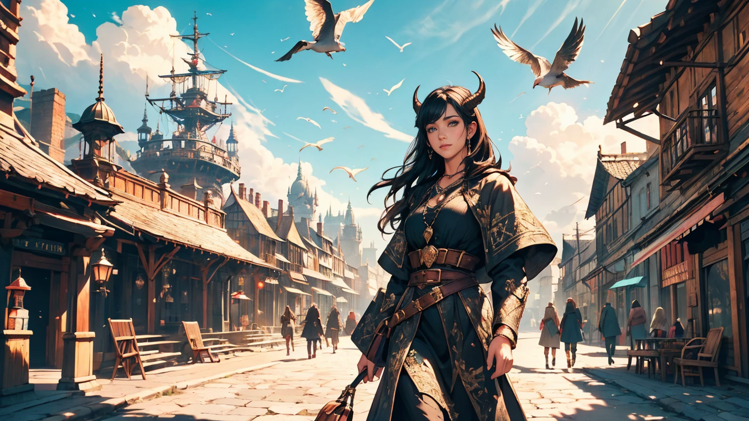 A girl with long black hair wearing black adventure clothes with demon horns, walking along the a dock on a port next to the city in a medieval fantasy theme. (best quality, 4k, highres, masterpiece:1.2), ultra-detailed, (realistic:1.37) Additional details: The girl is carrying a leather satchel on her side, with maps sticking out. She has a silver necklace with a small ruby pendant. Her black clothes are adorned with intricate embroidery and metal buckles. The dock is filled with old wooden ships and barrels, with seagulls flying overhead. The city's walls and palace can be seen in the distance, against a backdrop of lush green mountains. (medieval, fantasy-themed:1.2) Color palette: Deep and rich pastel tones, with accents of gold and sapphire blue. (rich, pastel colors) Lighting: Bright sunlight streaming through the clouds, casting long shadows on the cobblestone road. (sunlight, dramatic shadows)