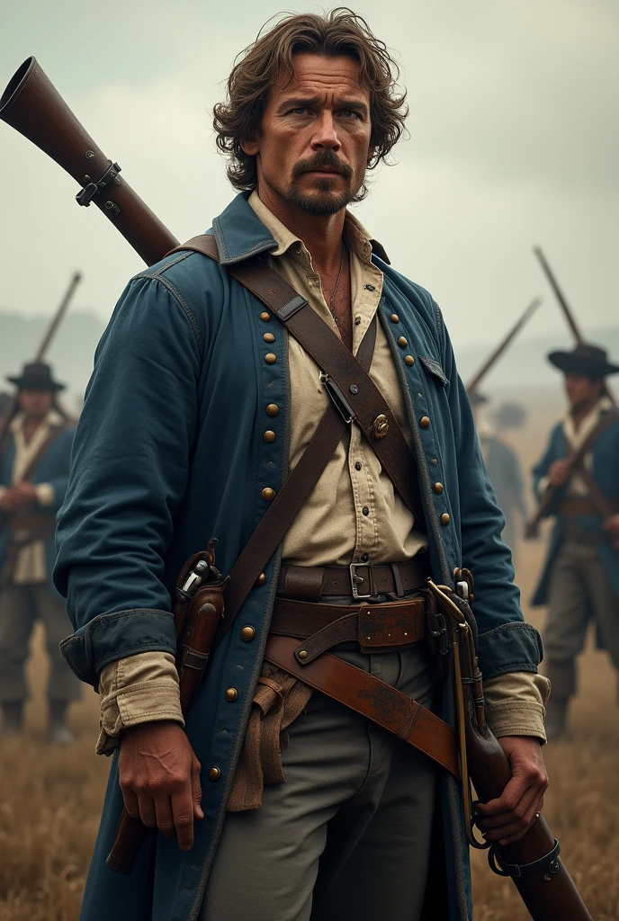 American Revolutionary War soldier in a loose blue uniform threatening the enemy