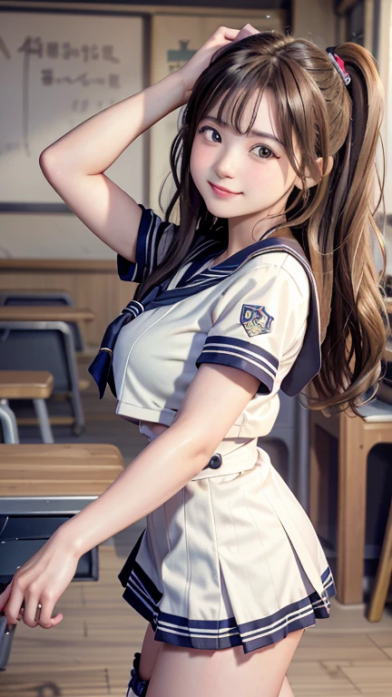 (Highest quality,masterpiece:1.3,Ultra-high resolution),(Very detailed、Caustics) (Realistic:1.4, RAW shooting、)Ultra-Realistic Capture、Very detailed、Natural skin texture、masterpiece、(junior high school sailor suit:1.3)、Short-sleeved sailor uniform、1 Japanese girl、Adorable expression、Expressions of happiness、、Young Face、Amazingly cute、Twin tails、Curly Hair、Black Hair、Scrunchie、light makeup、Breasts so big that they almost burst、Bare arms、This photo was taken in a middle school classroom...、Shining thighs、Shooting from the side、smile、An inviting gaze、The exact number of fingers on each hand、Cowboy Shot、