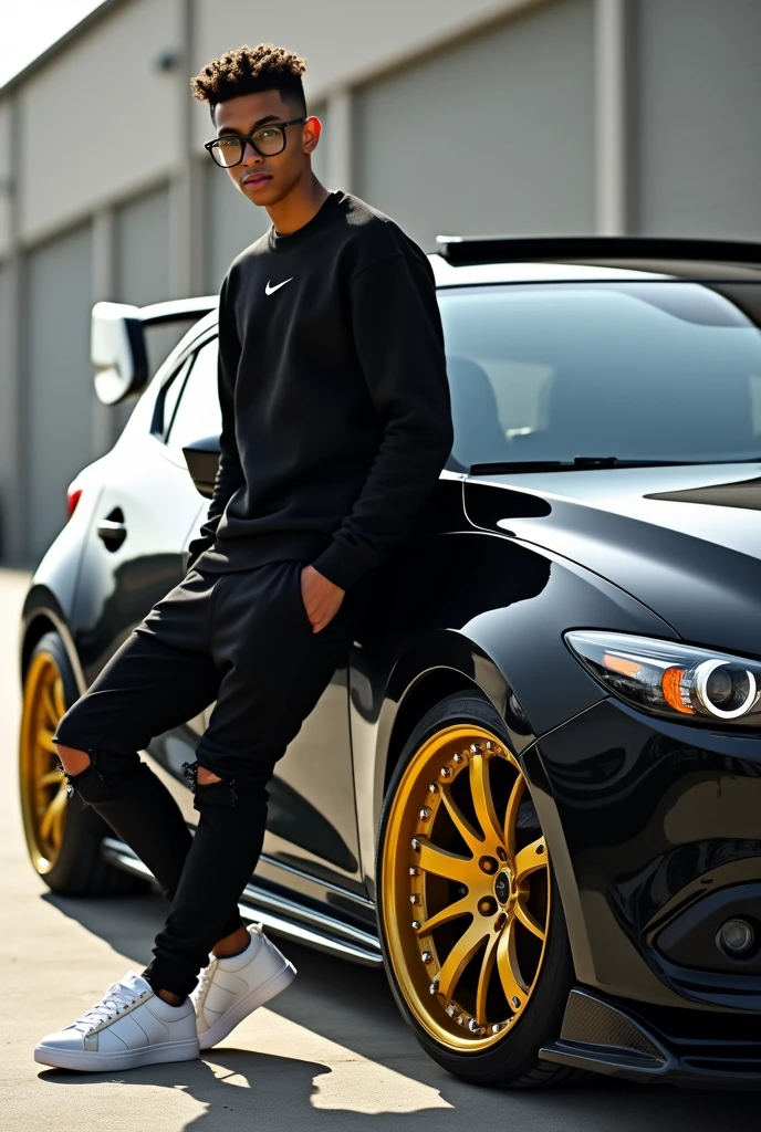 Realistic HD photo from different angles of a black Mazda 3 with gold rims and yellow calipers and a spoiler, Sporty diffuser and side skirts in carbon fiber, and leaning on him a young man with square glasses and short curly hair with a taper fade cut and a black Nike sweatshirt, Black ripped pants and white Nike blazer, and that the Mazda comes out completely