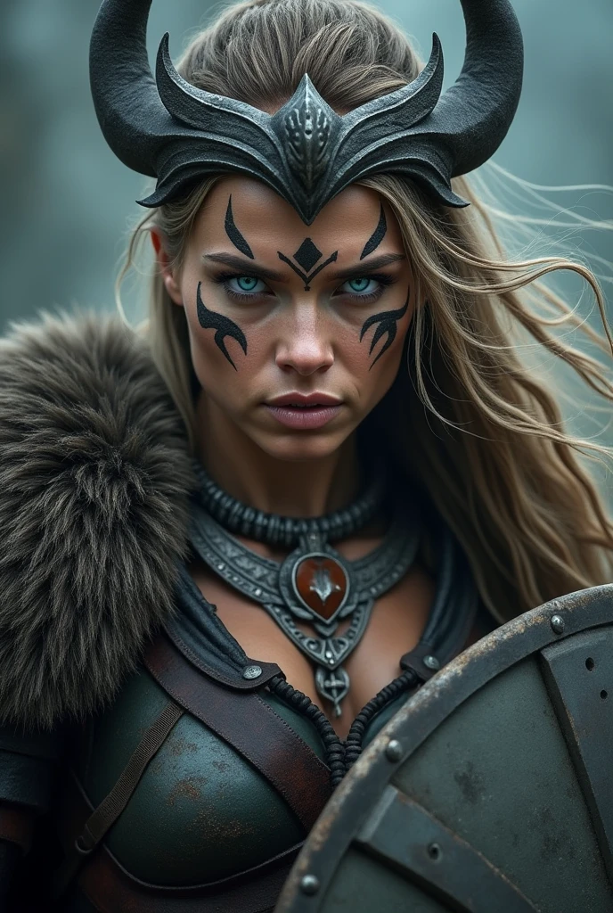 Close up face beautiful viking woman, spear and shield in hand , blue light in the eyes, war crown , tribal design on the eyes, Angry, necklace around the neck with ornaments, battle armor, with hate