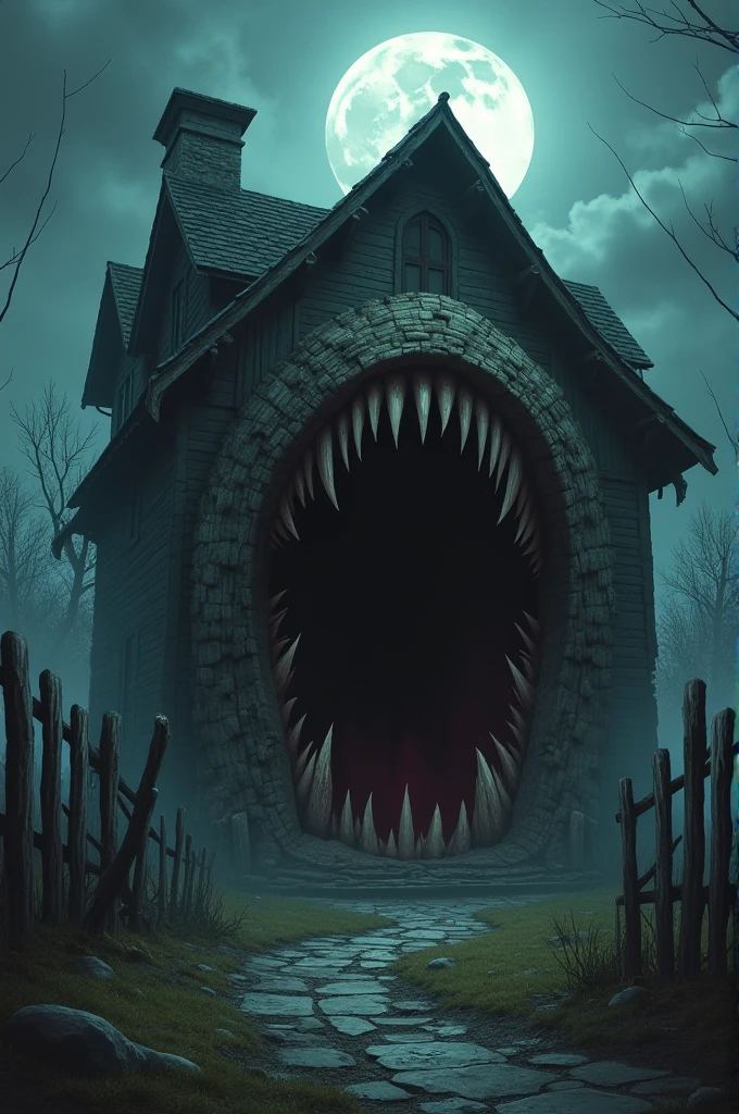 "Create an image of a terrifying, abandoned house with a giant, menacing mouth as its entrance. The house should have an eerie, decrepit appearance, with broken windows and twisted, jagged wood forming the teeth of the mouth. The atmosphere should be dark and foreboding, with shadows creeping around, hinting at the sinister nature of the house. The setting could be surrounded by a misty, moonlit night, enhancing the sense of horror and