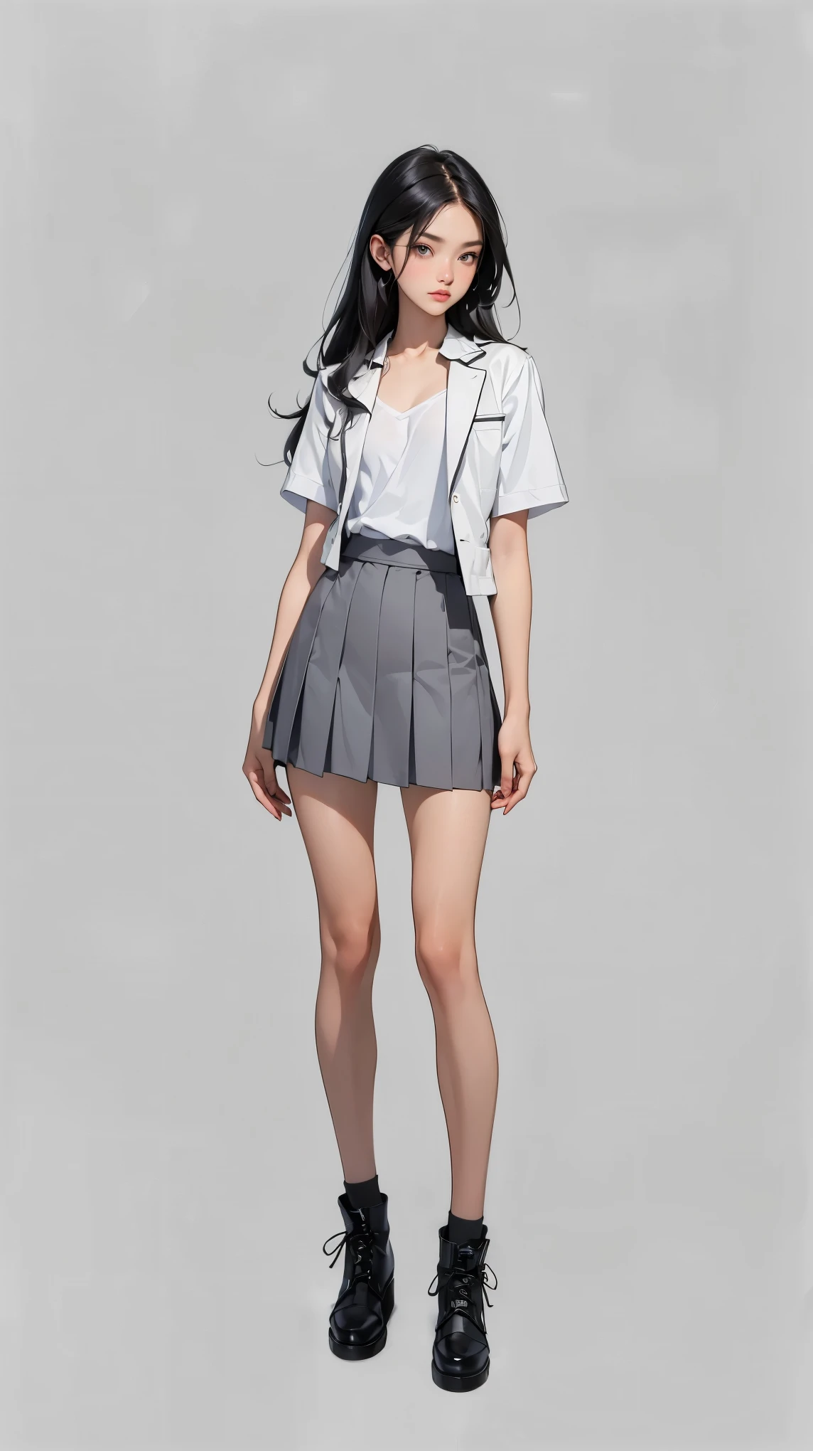 ((best quality,4k,highres,masterpiece:1.2)),((character concept art)), 1 female, teenage female, 1 Asian beauty queen, ((black shoulder length hair)), black hair, (fair skin colour), ultra finely detailed eyes (black eyes colour), innocent, beautiful, , slim body build, ((intricate detail)), super finely detailed hands, ultra finely detailed fingers(((ten fingers))), (wearing gray school skirt and white short sleeves school shirt with school blazer jacket), (standing casually), (full body showcase), (show full body), (no logos on background), (no logo), ((plain background)), ((plain background)), (((empty background)))