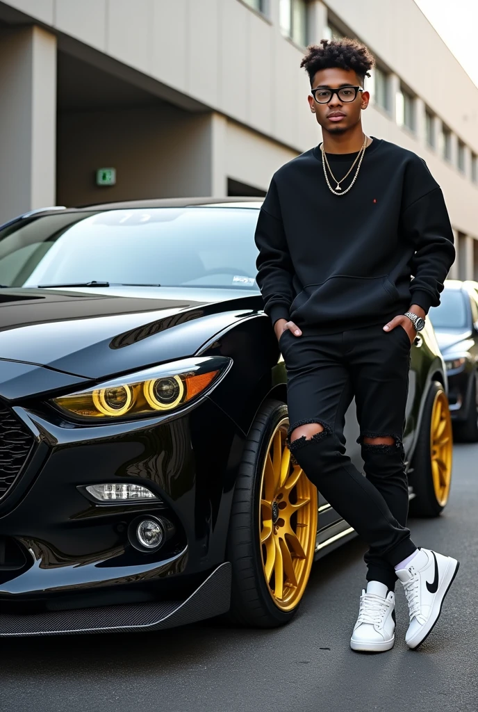 Realistic HD photo from different angles of a black Mazda 3 with gold rims and yellow calipers and a spoiler, Sporty diffuser and side skirts in carbon fiber, and leaning on him a young man with square glasses and short curly hair with a taper fade cut and a black Nike sweatshirt, Black ripped pants and white Nike blazer, and that the Mazda comes out completely