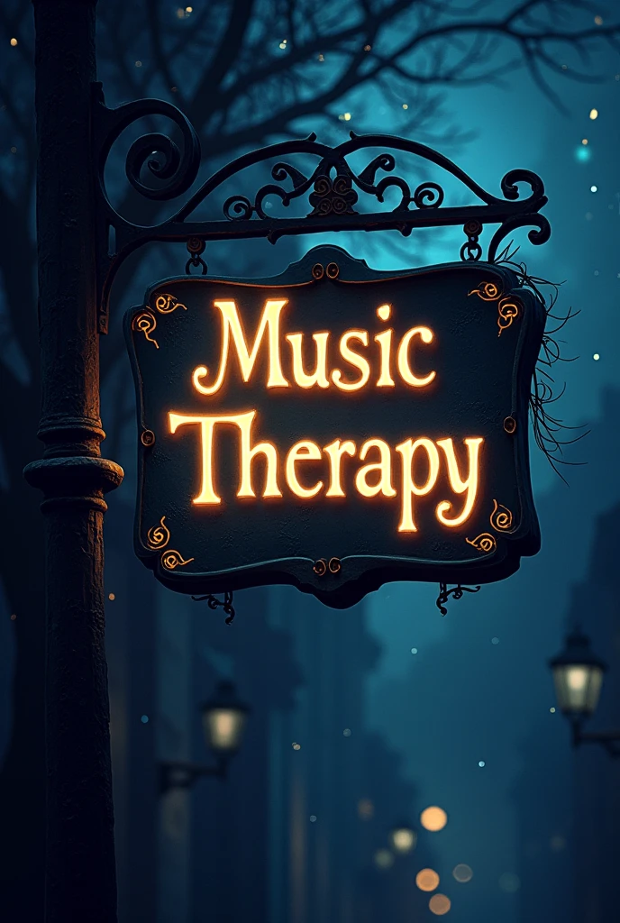 Create a drawing of a sign that says music therapy passion mystery night