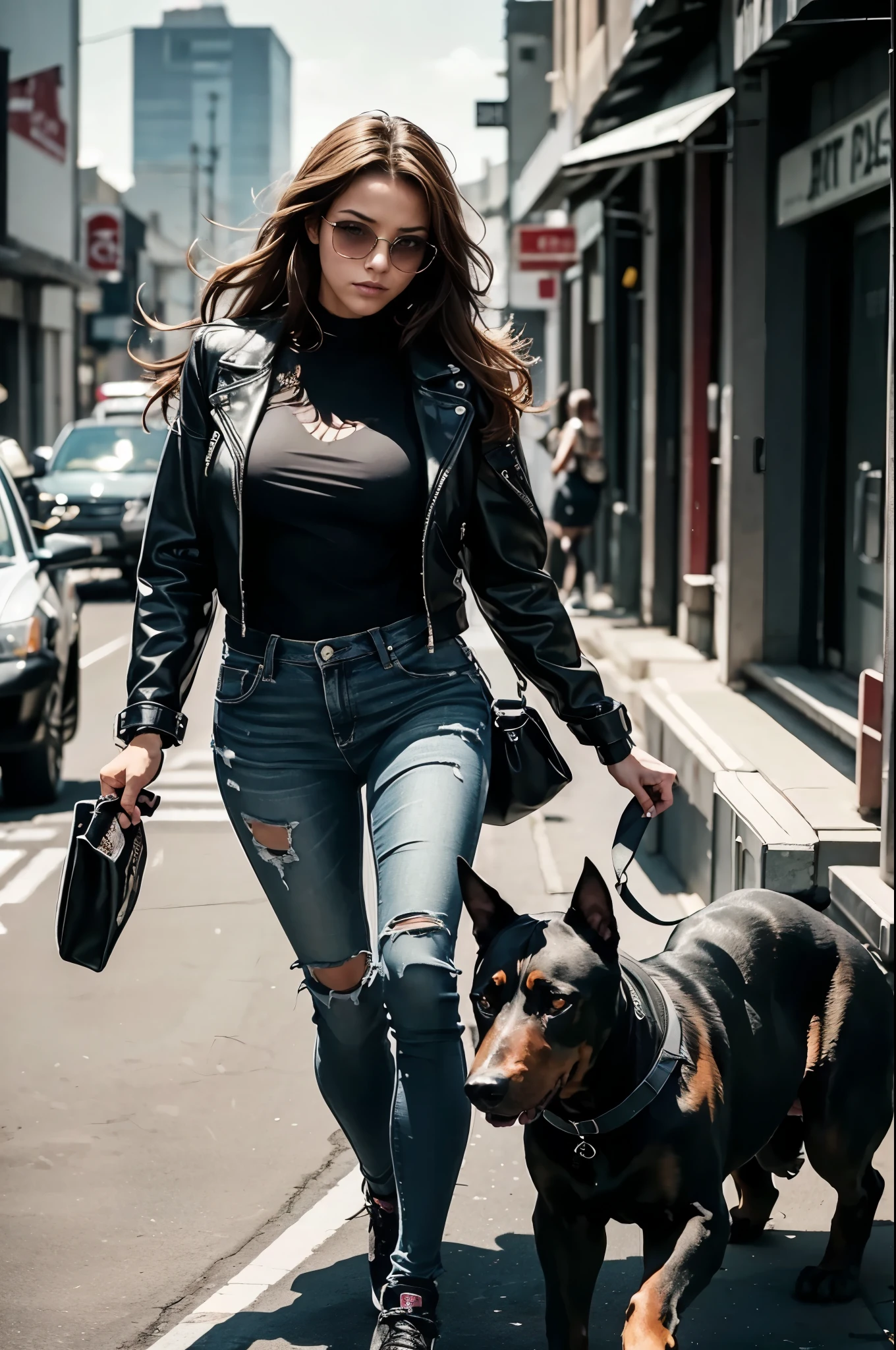 A bad girl walking down the street with her ferocious Doberman