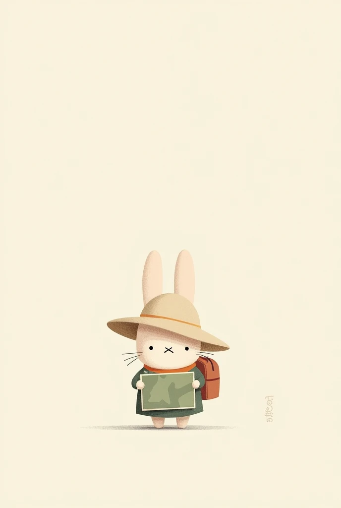  "I want a drawing of a bunny inspired by Miffy, Designed in a minimalist style with thick lines, Solid colors, and simple shapes. The bunny must be two-dimensional, with a flat appearance, without depth or shadows, and should have a simple facial expression with small eyes and an X-shaped mouth with a hat and a map in hand like an explorer for a story cover