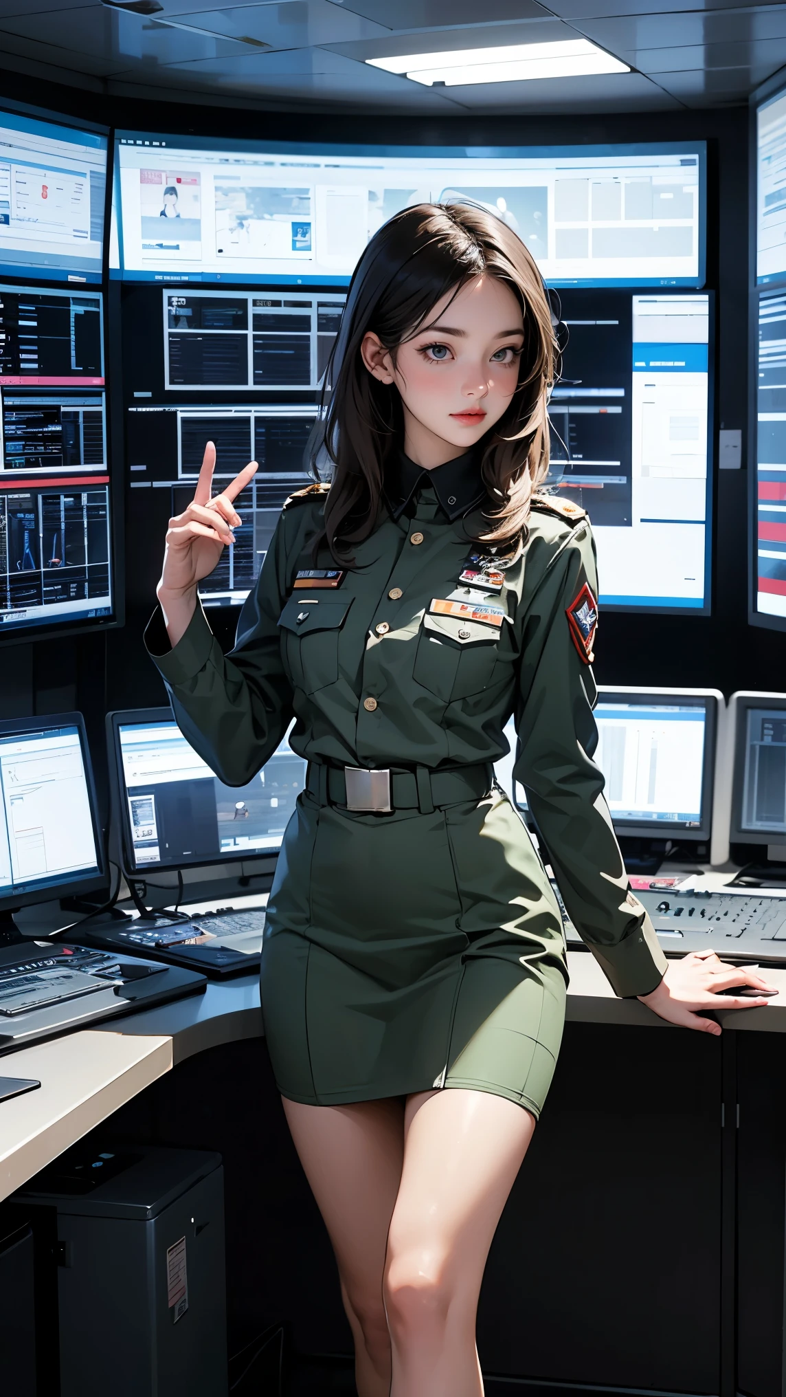 Female cadet in military service uniform walking in command and control center, Futuristic theme