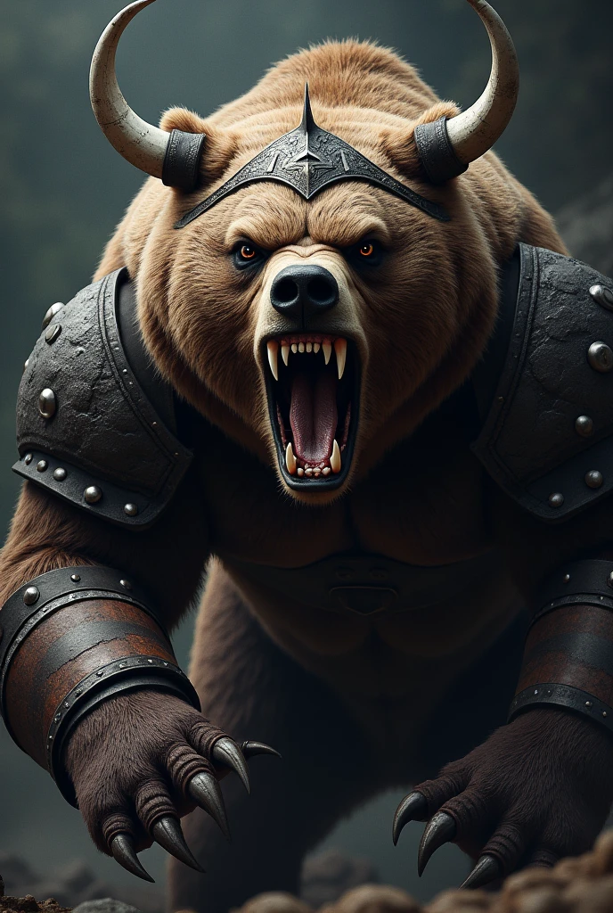 close up angry warrior bear, claws showing, attacking, viking armor