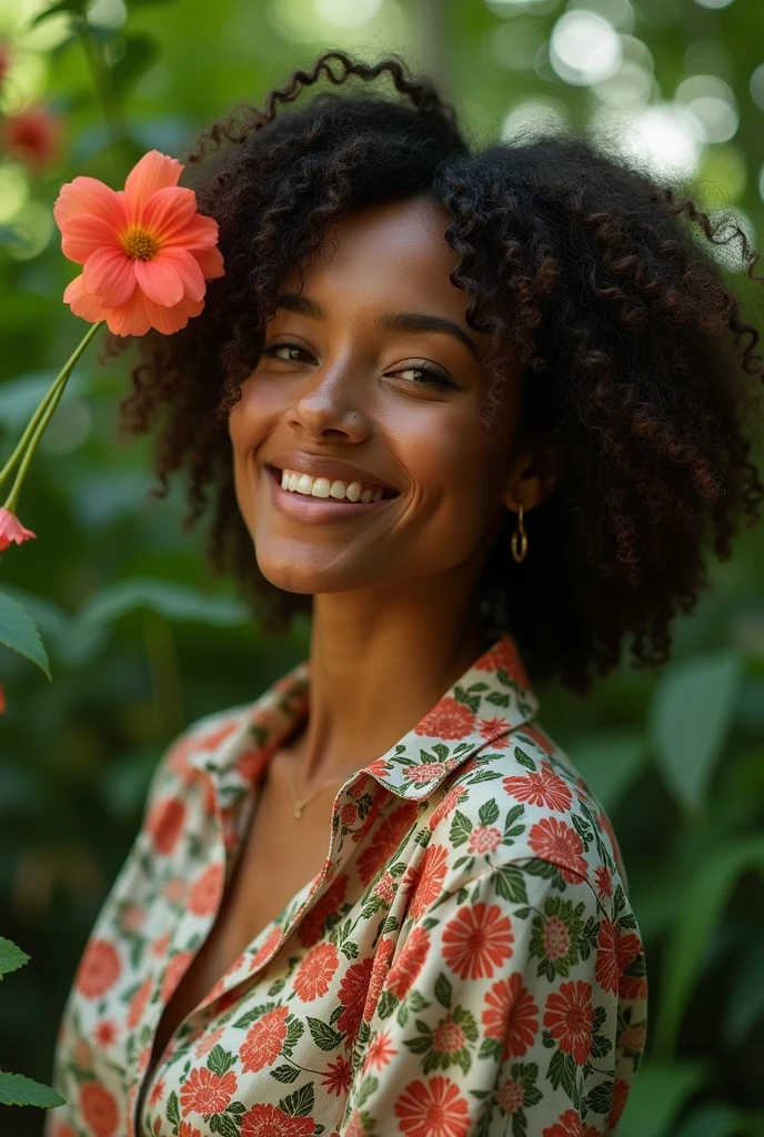 A Brazilian woman in a lush tropical garden, wearing an open shirt with a floral print, with a close-up capturing the harmonious beauty between her breasts and the natural flowers, showing off your natural charm and outgoing personality.