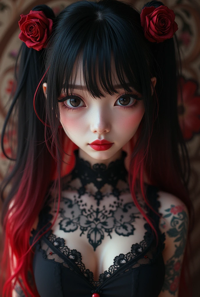Masterpiece, Best quality, gif,1 girl, Solo, Natural skin texture, Realistic black eyes and facial details :5),(Dark :1. 4), Deep shadows, Extremely detailed beauty, Detailed eyes and face, sharp black eyes, Red lipstick, No black eyeliner, Detailed Gothic costumes, pony tails, Black hair, nikon d850 film, Surreal, Authentic textures, Dramatic, lighting, illusory engine, (facial clarity :1). 5), (Transparent clothes :1); 1) Gothic style, Black lace, tattoo. Japanese girl with more or less long black hair with bangs and red highlights, e sexy, Lady,Red hair,dress,beautiful,anime,tattoo, face portrait, close up, big beautiful detailed eyes, ulzzang, art nouveau, candy, sweets, tattoo background pattern, tapestry, backlit, neon palette,