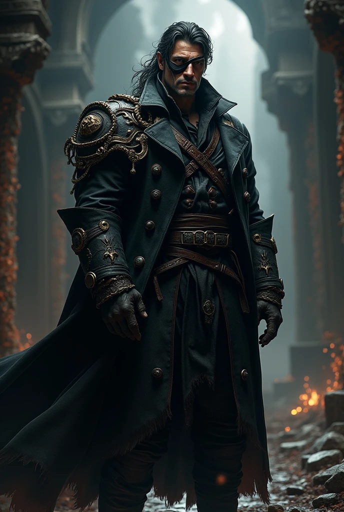 Realistic Rogue Male Man with Black Hair, with an eye patch on one eye and wearing a dark fantasy style overcoat
