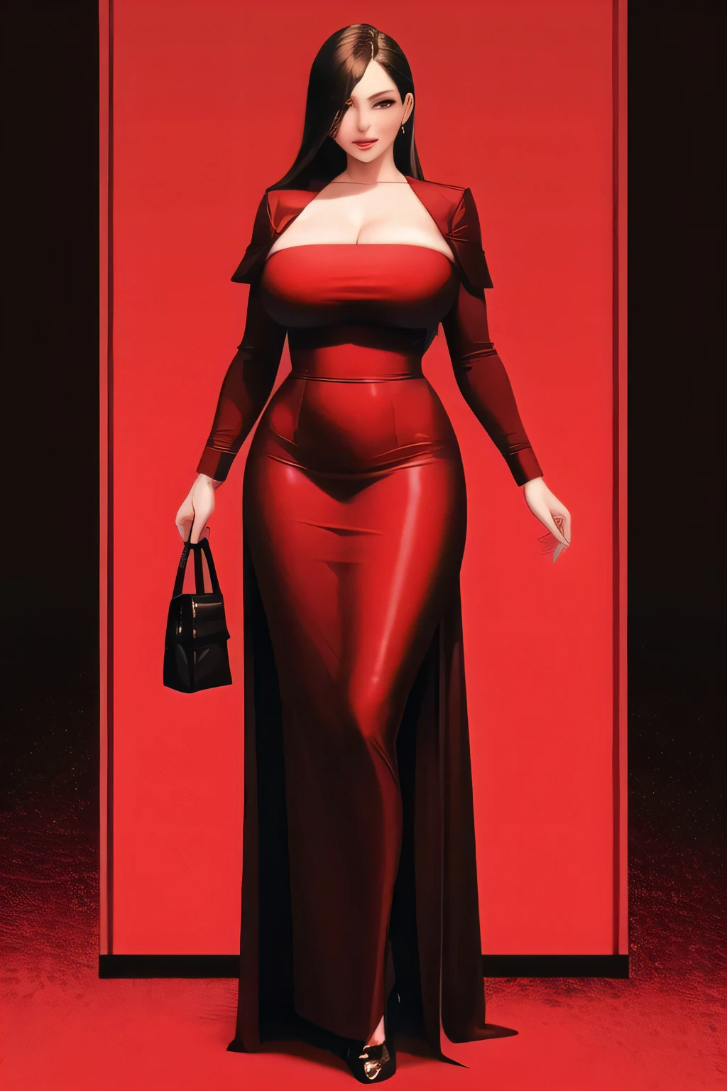 1 girl, standing alone,red theme,looking ahead at viewer,breasts big,portraite,from sideways,bad girl,((mature woman))