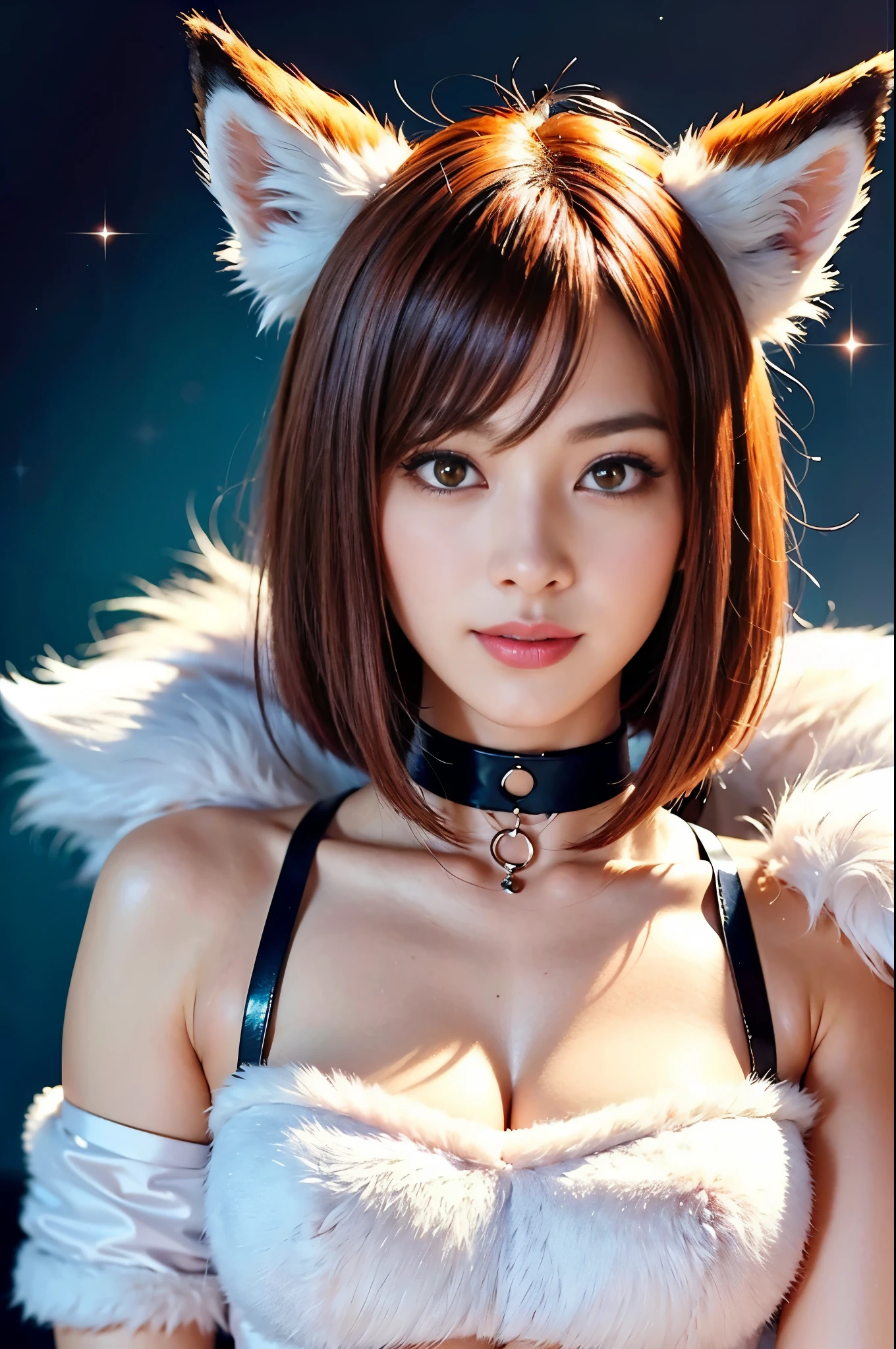 sexy swedish model, (-anime), only 1 model, very short hair, beautiful smile, lip-gloss, long lashes, defined eyebrows, long fur fox color scheme, ((long fur fox cosplay)), fox ears, fox tail, fox choker, look at the camera, cinematic light, (sparkling long fur background), sweet and sexy pose