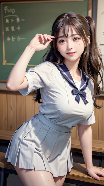 (Highest quality,masterpiece:1.3,Ultra-high resolution),(Very detailed、Caustics) (Realistic:1.4, RAW shooting、)Ultra-Realistic Capture、Very detailed、Natural skin texture、masterpiece、(junior high school sailor suit:1.3)、Short-sleeved sailor uniform、1 Japanese girl、Adorable expression、Expressions of happiness、、Young Face、Amazingly cute、Twin tails、Curly Hair、Black Hair、Scrunchie、light makeup、Breasts so big that they almost burst、Bare arms、This photo was taken in a middle school classroom...、Shining thighs、Shooting from the side、smile、An inviting gaze、The exact number of fingers on each hand、Cowboy Shot、