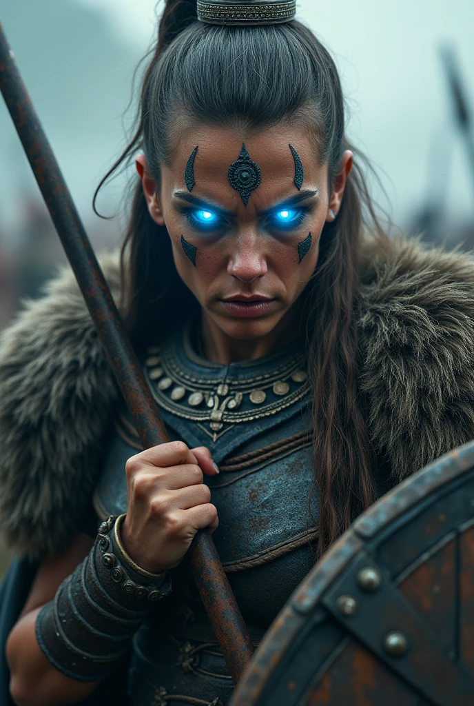 Close up face beautiful viking woman, spear and shield in hand , blue light in the eyes, war crown , tribal design on the eyes, Angry, necklace around the neck with ornaments, battle armor, with hate, shouting out loud