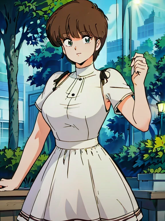 Highest quality, 1peopleの女の子, (skeindentation), (Huge breasts:1.2), (blur background:0.6), (street:1.2), (people々, crowd:1), garden, Day, Outdoor, (Casual yet stylish, Elegant fabric, high neck dress:1.5), nice, (bangs, short hair:1.5), (Floating Hair:1.2), (Dynamic pose:1.2), Soft lighting, Wind, (Front light:1.5),  makeeup, 