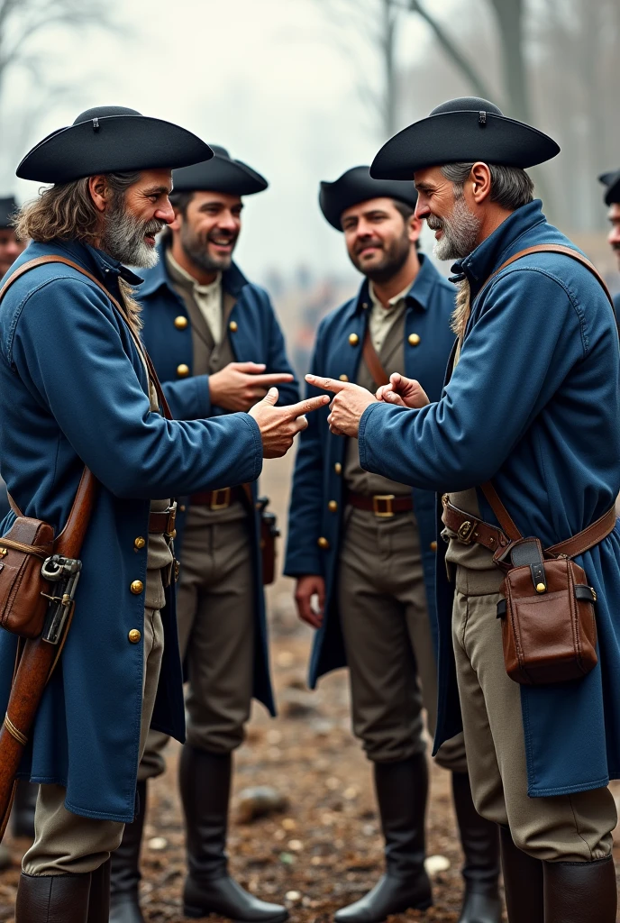 American Revolutionary War soldiers showing each other their loose blue uniforms