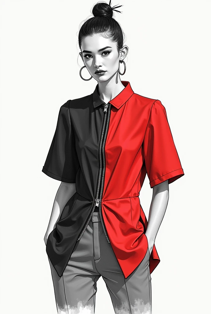 A zipper blouse, bi color, with ring. It looks like one side is being a blouse inside the other but still being the same. Make a sketch of the blouse, it&#39;s masculine