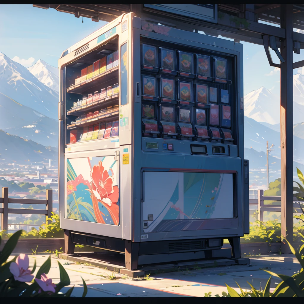 A scenic view in a rural area with mountains in the background and a clear sky, a vending machine with Japanese text, lush greenery, and blooming flowers.
