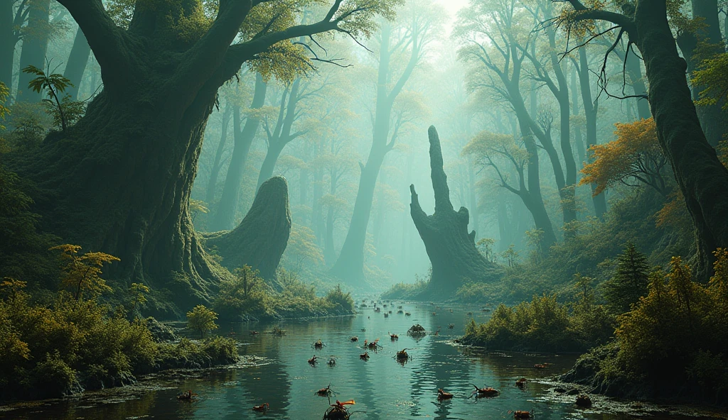 "(by Greg Rutkowski: 1.2), (masterpiece), (best quality), extremely delicate and beautiful, illustration, (fantasy landscape), depth of field, HDR, intricate, delicate, (No human presence), photorealistic depiction, live action feel, creating a visual masterpiece with the best possible quality. (Highlighting the fantasy elements of orc realms, emphasizing the swamp land with weird flora and spooky atmosphere). Providing a distant view that captures the grandeur and atmosphere."Alien swamp filled with deadly life. alien bugs ,alien plants, alien creatures, a scene with many alien lifeforms