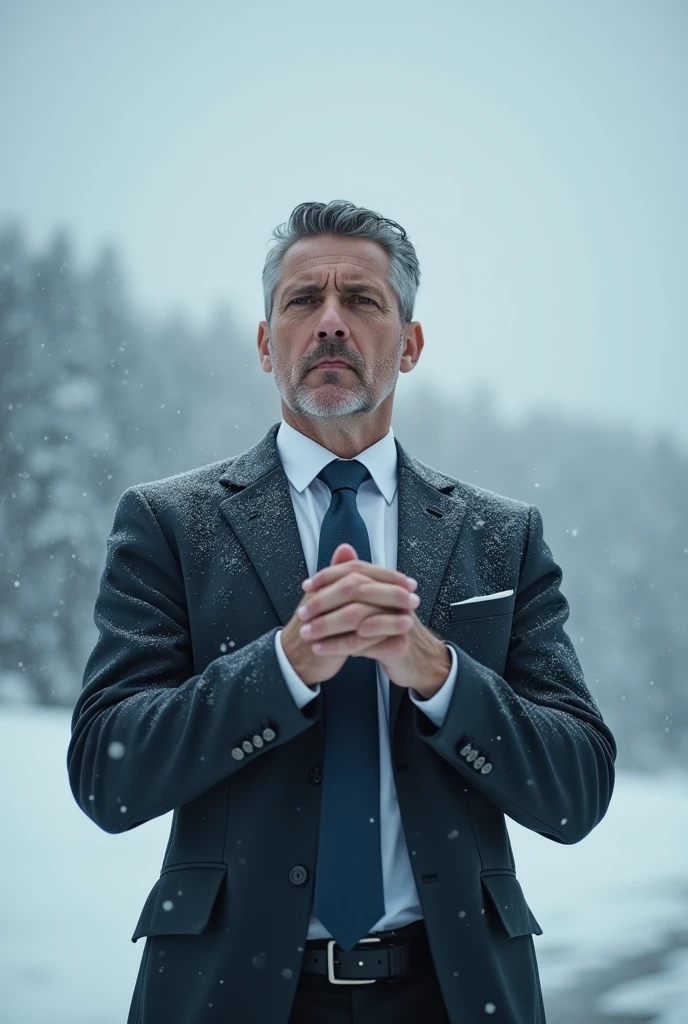 Motivational coach in freezing cold weather wearing a suit and tie with fingers intertwined