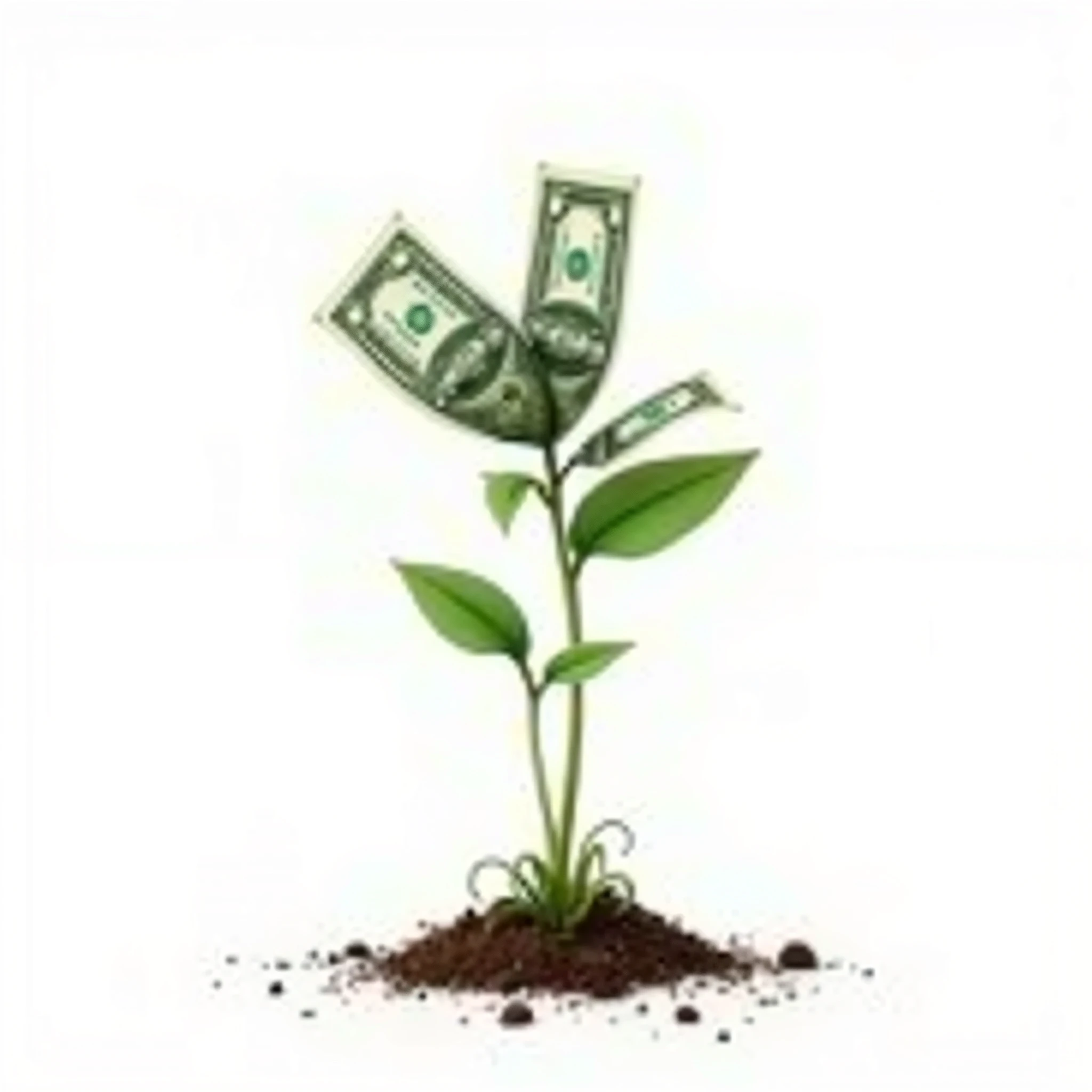 young plant seedling sprouting 4 dollar bills in place of leaves white background