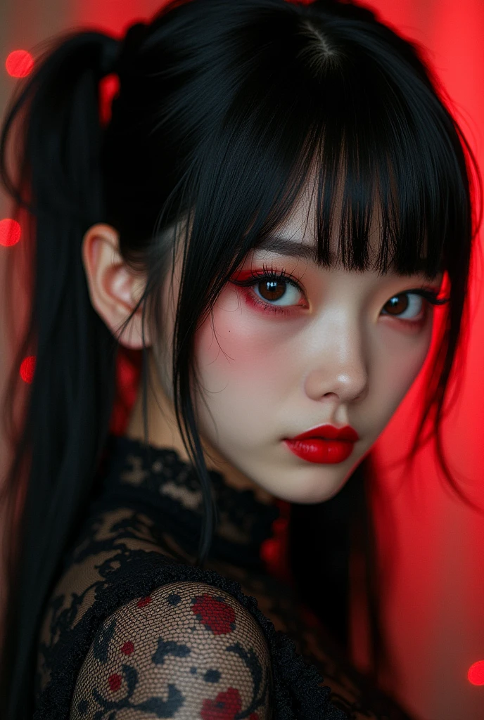 Masterpiece, Best quality, gif,1 girl, Solo, Natural skin texture, Realistic black eyes and facial details :5),(Dark :1. 4), Deep shadows, Extremely detailed beauty, Detailed eyes and face, sharp black eyes, Red lipstick, No black eyeliner, Detailed Gothic costumes, pony tails, Black hair, nikon d850 film, Surreal, Authentic textures, Dramatic, lighting, illusory engine, (facial clarity :1). 5), (Transparent clothes :1); 1) Gothic style, Black lace, tattoo. Japanese girl with more or less long black hair with bangs and red highlights, e sexy, Lady,Red hair,dress,beautiful,anime,tattoo, face portrait, close up, big beautiful detailed eyes, ulzzang, art nouveau, candy, sweets, tattoo background pattern, tapestry, backlit, neon palette, red eyes, 
