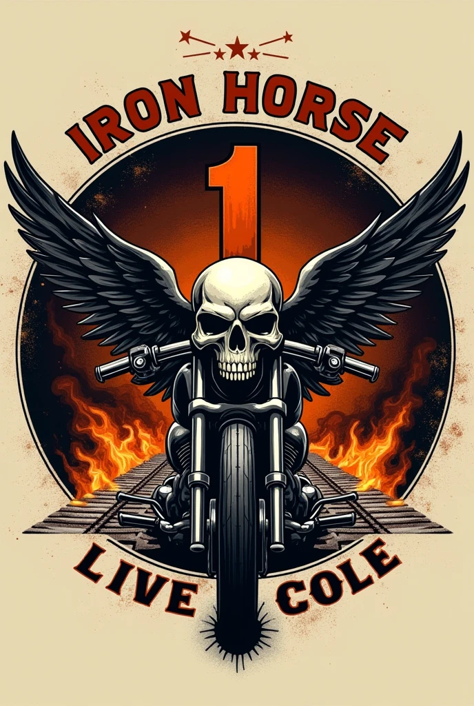 Old designed circular logo with title "IRON HORSE" with skull, wings, 1, fire, smoke, with several details and tracks that remind us of speed, freedom, black and orange theme. "RIDE TO LIVE, LIVE TO RIDE".