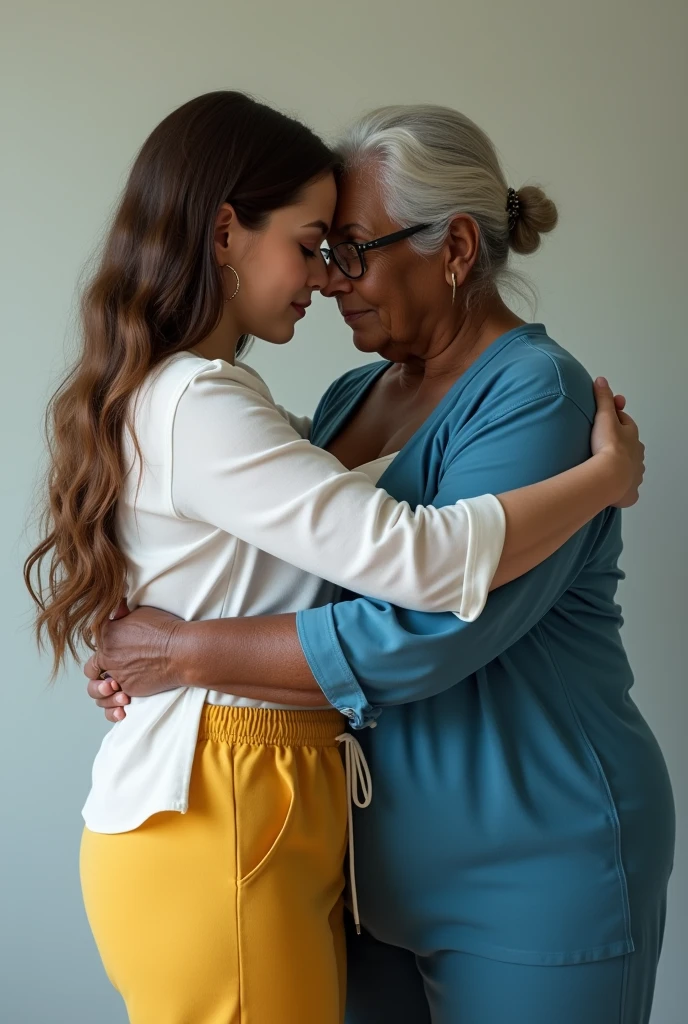 Create a photo of a 20 year old young woman, with a slender and beautiful body, wearing jeans and an open white shirt and is braless, with white and clear skin, with long brown hair, lying down and being carried in the arms of a 90-year-old elderly lady, obese woman who has dark black skin and is wearing a blue dress and glasses