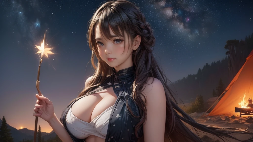 (look up at the starry sky:1.2),make a bonfire,girl camping,reclining,(outdoor fashion:1.5),(Thin type:1.8),(big breasts),(random hairstyle),(Highest image quality,(8k),ultra-realistic,best quality, high quality, high definition, high quality texture,high detail,beautiful detailed,fine detailed,extremely detailed cg,detailed texture,a realistic representation of the face,masterpiece,Sense of presence)