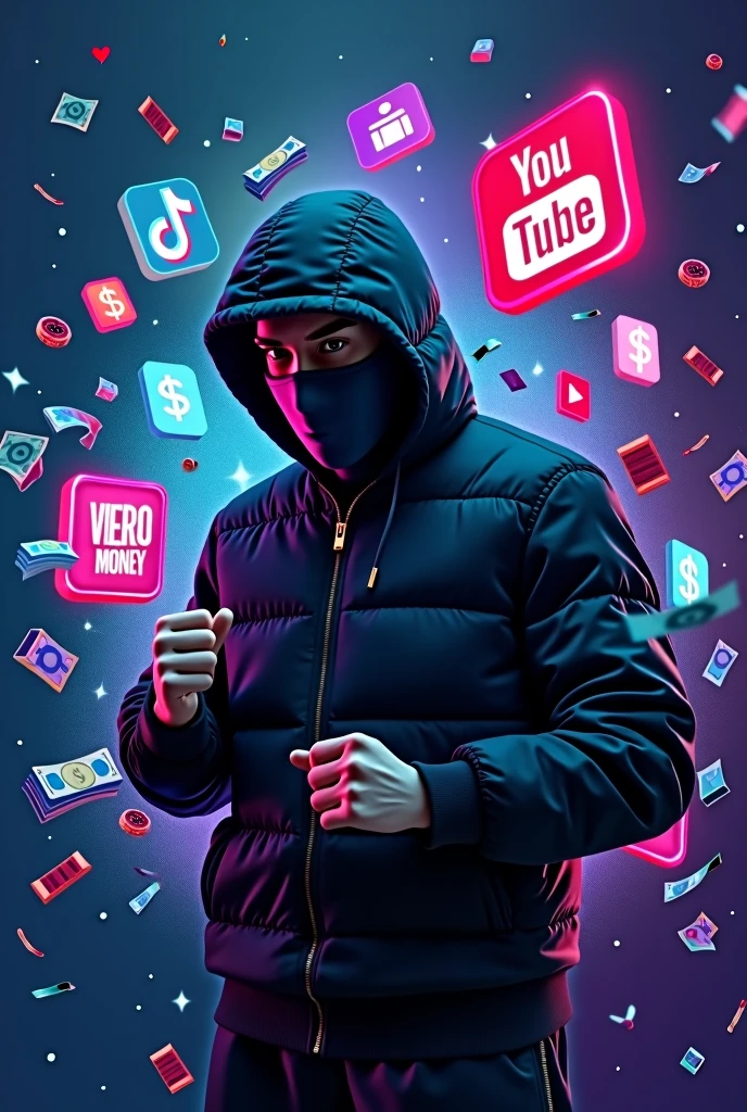 "Create a high-resolution, visually striking course cover image featuring a male figure hiding his face with a mask or covering that makes it difficult to identify his features, ensuring a high level of anonymity. The figure should be positioned dynamically in an action pose to emphasize secrecy. Use a vibrant and colorful background with a gradient or abstract design, incorporating rich, contrasting colors like deep blue, purple, and dark gray to add depth and visual interest, with a highly detailed and vibrant appearance. Place symbols of financial success, such as dollar signs ($), stacks of bills, or currency icons prominently behind the male figure, ensuring they are bold, highly detailed, and sharply contrasted. Integrate images of the TikTok, YouTube, and Kwai app icons into the background with exceptional clarity and resolution, making them large, prominent, and highly visible against the colorful backdrop. Include visual references to video editing, such as camera icons, film reels, or editing software icons (like scissors or a timeline), also in high resolution and vivid detail, subtly blended into the background but remaining clear and detailed. The overall style should be sleek and modern, with a balanced composition that ensures the main subject and thematic elements (money, video editing, and app icons) are visually harmonious and impactful. Avoid any text or written elements. The image should effectively convey the concepts of financial success through video content creation and the presence of popular video platforms while maintaining the theme of anonymity."