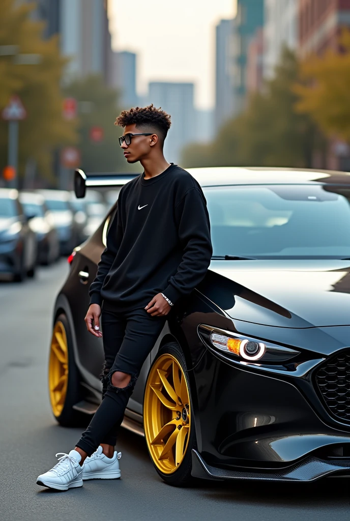 Realistic HD photo from different angles of a black Mazda 3 with gold rims and yellow calipers and a spoiler, Sporty diffuser and side skirts in carbon fiber, and leaning on him a young man with square glasses and short curly hair with a taper fade cut and a black Nike sweatshirt, Black ripped pants and white Nike blazer, and that the Mazda comes out completely