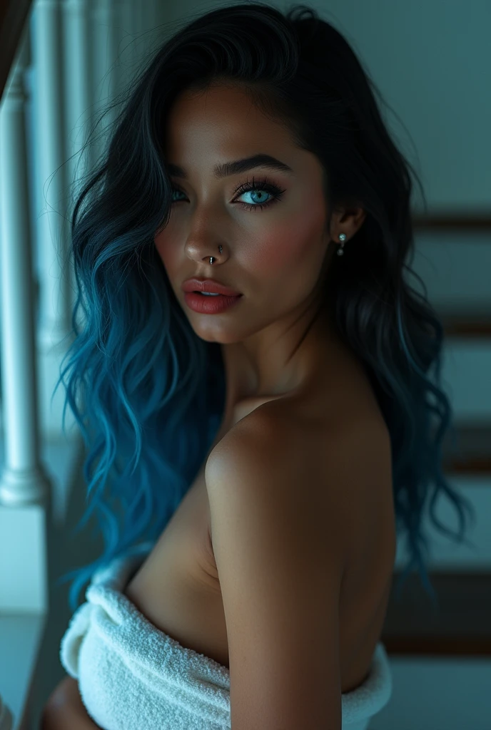 Laying in bed wearing a towel as she stands on the stairs waiting
a Caucasian-Hispanic mix women, with deep wave curls black hair with, light blue dark blue and blonde combined together blue eyes, Instagram model, black makeup long lashes, big lips, red lipstick nose pierced 30k