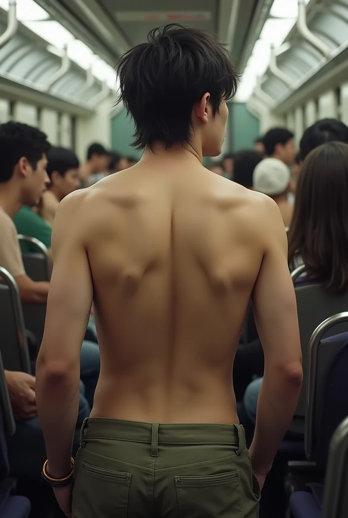 1boy、Photo Quality、Cute handsome man、Mash Hair、Japanese male, 、Completely naked、Full nudity、erection、Huge penis、Highest quality、Realistic、beautiful、In a crowded train、Back view