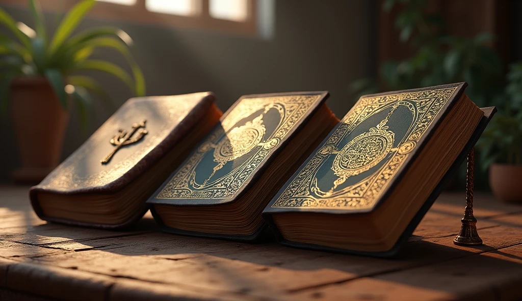 Create an image featuring three ancient and sacred texts: the Bible, the Quran, and the Kebra Negast authentic. The Bible should have a worn, leather-bound cover with a visible cross, the Quran should be adorned with intricate golden calligraphy and an ornate cover, and the Kebra Negast should have an Ethiopian-inspired design with rich patterns and symbols. Arrange the books side by side on a wooden table, with soft, warm lighting casting gentle shadows, emphasizing the cultural and spiritual significance of each text.