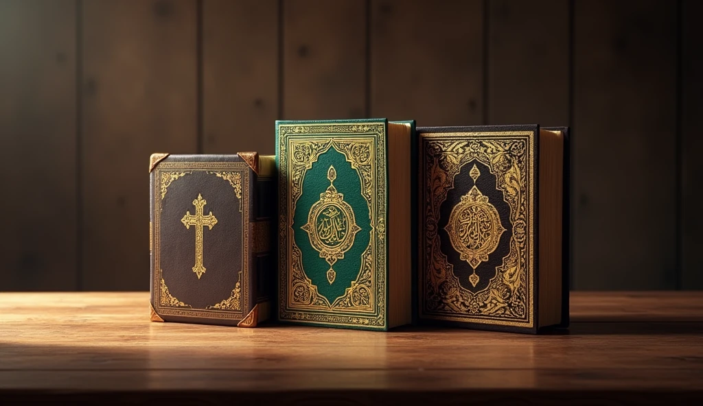 Create an image featuring three ancient and sacred texts: the Bible, the Quran, and the Kebra Negast authentic. The Bible should have a worn, leather-bound cover with a visible cross, the Quran should be adorned with intricate golden calligraphy and an ornate cover, and the Kebra Negast should have an Ethiopian-inspired design with rich patterns and symbols. Arrange the books side by side on a wooden table, with soft, warm lighting casting gentle shadows, emphasizing the cultural and spiritual significance of each text.