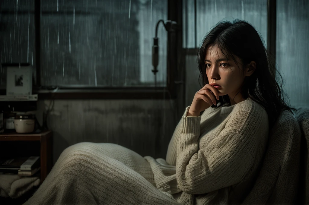 A solitary woman, her face illuminated by a single, soft lamplight, sitting at a rain-streaked window, tears tracing paths down her cheeks, wearing a worn-out sweater, surrounded by scattered photographs, in a dimly lit, cluttered room, hyperrealistic, cinematic lighting, emotional depth, lonely