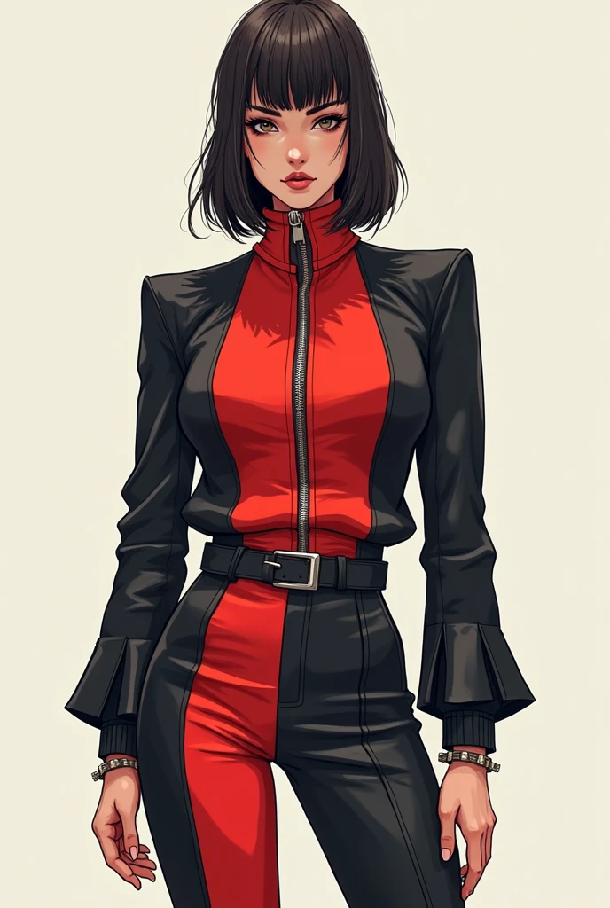 A zipper blouse, bi color, with ring. It looks like one side is being a blouse inside the other but still being the same. Make a sketch of the blouse, it is masculine. Contrast colors