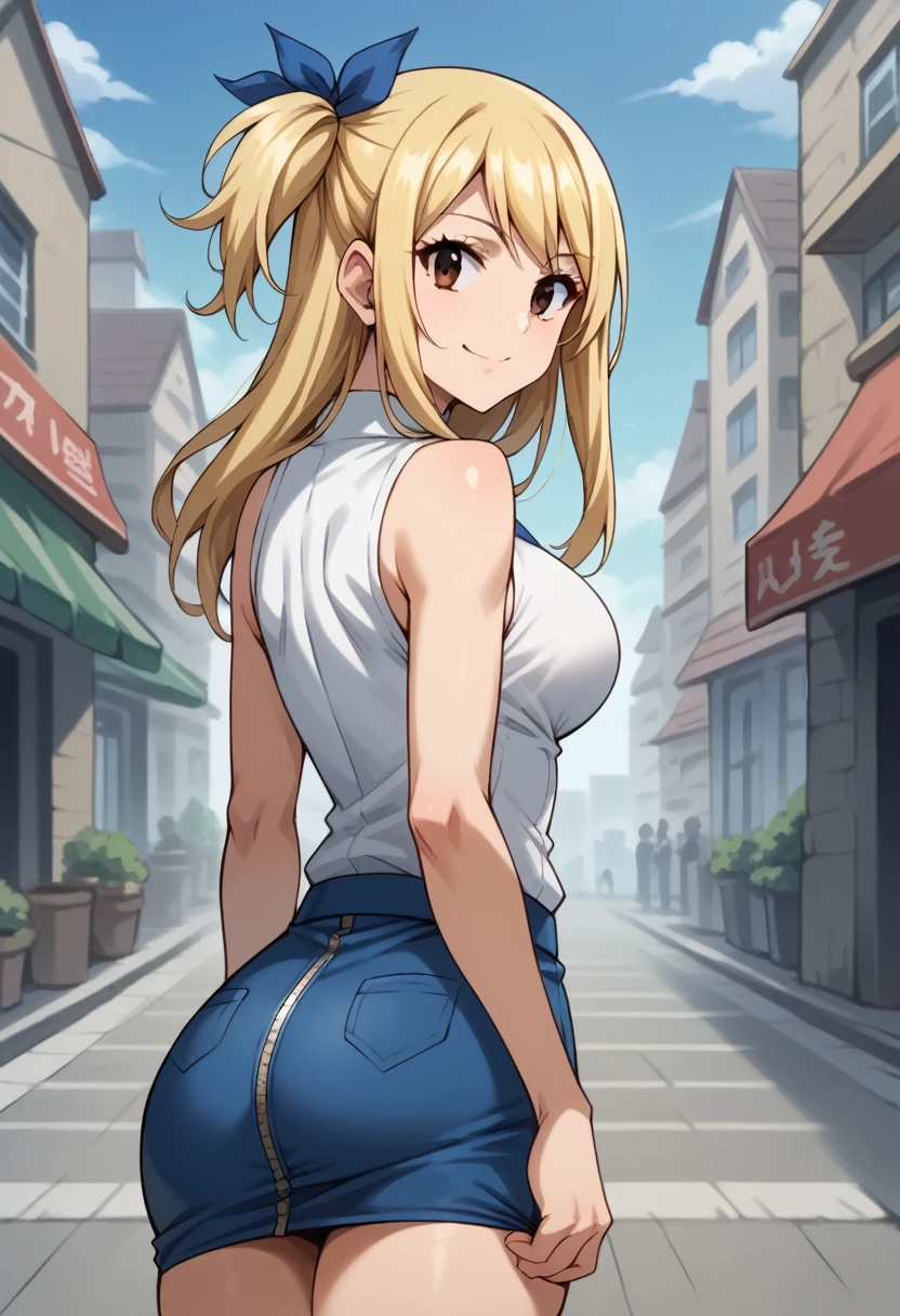 score_9, score_8_up, score_7_up, BREAK, score_9, smile, lucy heartfilia, blonde hair, brown eyes, long hair, one side up, ribbon, hair ribbon, blue ribbon, skirt, shirt, bare shoulders, sleeveless, blue skirt, sleeveless shirt, white shirt, zipper, 1girl, solo, looking at viewer, thigh-level shot, ass, from behind, city, village