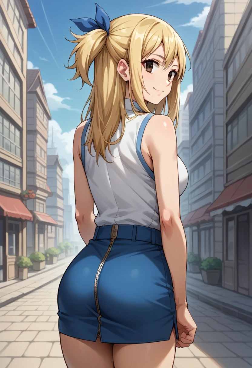 score_9, score_8_up, score_7_up, BREAK, score_9, smile, lucy heartfilia, blonde hair, brown eyes, long hair, one side up, ribbon, hair ribbon, blue ribbon, skirt, shirt, bare shoulders, sleeveless, blue skirt, sleeveless shirt, white shirt, zipper, 1girl, solo, looking at viewer, thigh-level shot, ass, from behind, city, village