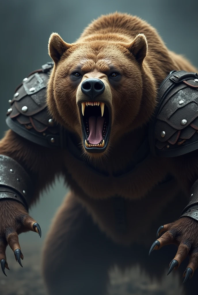 close up angry warrior bear, claws showing, attacking, viking armor