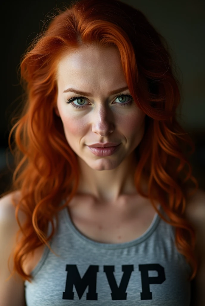Same badass redhead model with writing in the foreground "MVP"